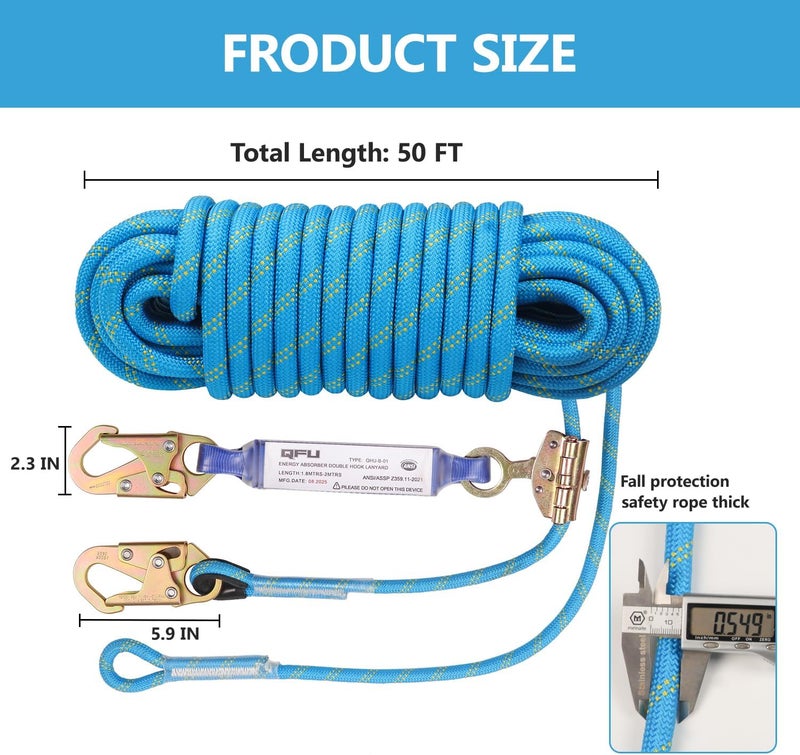 QFU Heavy Duty Fall Protection Rope for roof & tree climbing. Includes safety harness, alloy steel clips, shock-absorbing lanyard - Image 2